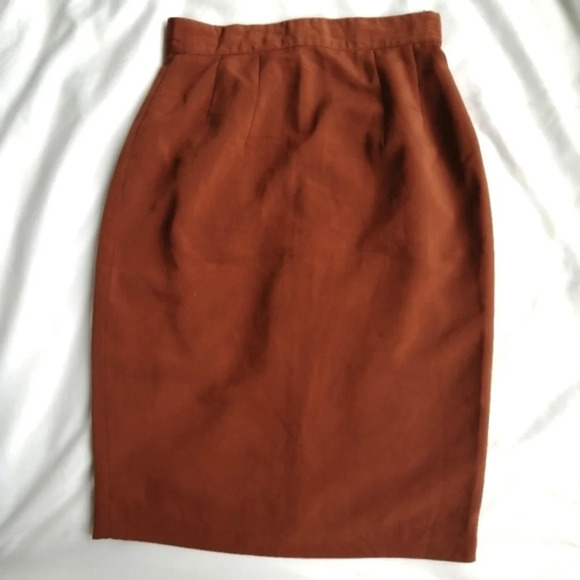 Vintage Satin Orange Rust Straight Pencil Skirt with Subtle Pleating XS - Picture 3 of 14
